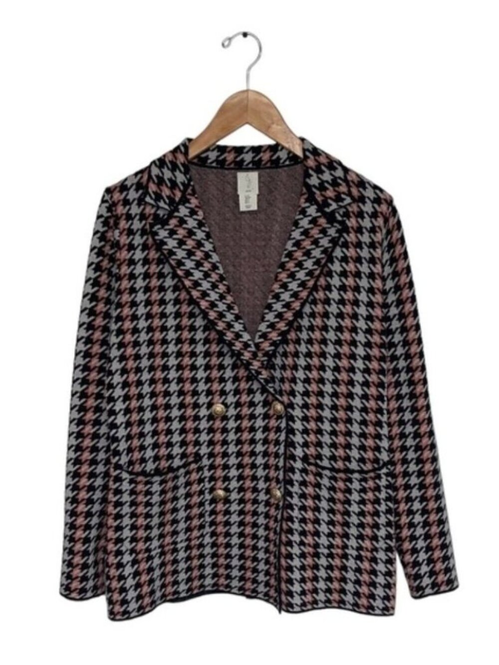 Joie Houndstooth Knit Blazer Jacket Double Breasted Gold Button Women’s Small